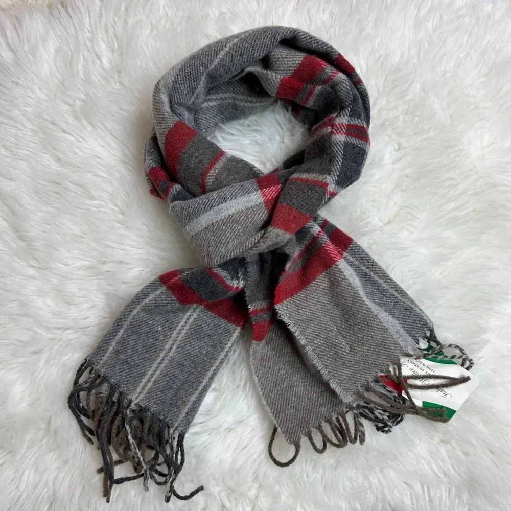 ITALIAN WOOLEN TREASURES Men's Scarf in Gray and Red 100% wool